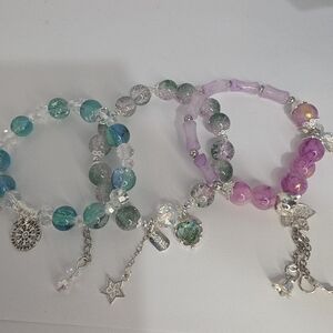Pink and Lavender Glass Bead Charm Bracelet Set - Women's Jewelry